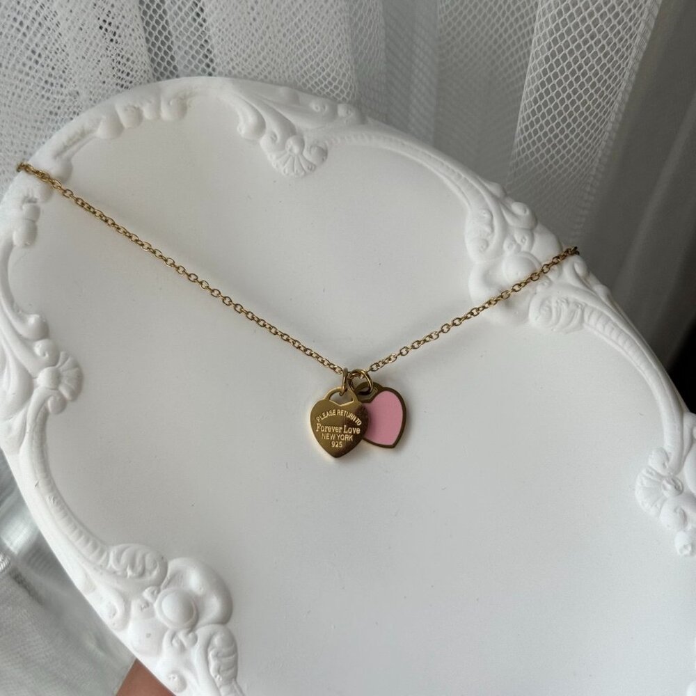 SKU:0431 Gold necklace chain with pendant gold pink heart‎ Stainless steel